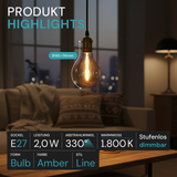 LED Filament Leuchtmittel, LINE, Amber, Bulb A60, E27, 2W, 65lm, 1800K, dimmbar