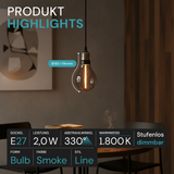 LED Filament Leuchtmittel, LINE, Smoke, Bulb A60, E27, 2W, 40lm, 1800K, dimmbar