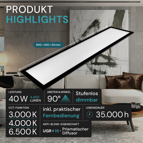 LUXULA LITEQ 80, LED-Panel mit Fernbedienung, 80×20 cm, schwarz, 40 W, 4400 lm, UGR<19, Helligkeit und Lichtfarbe einstellbar