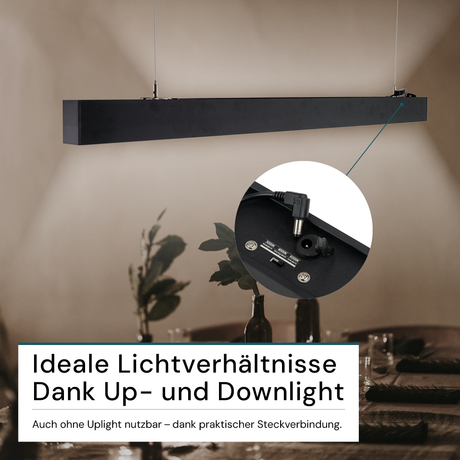 LED Büro-/Tresenleuchte Up&Down, schwarz, 120 cm, 30 W, 3600 lm, UGR<19, 3000-6500 K (CCT), LIFUD Netzteil, erweiterbar, Aluminium.