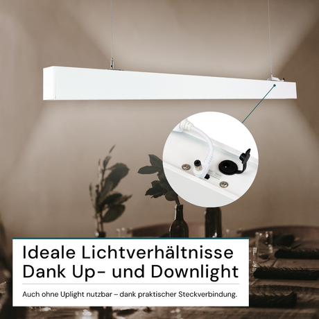 LED Büro-/Tresenleuchte Up&Down, weiß, 120 cm, 30 W, 3600 lm, UGR<19, 3000-6500 K (CCT), LIFUD Netzteil, erweiterbar, Aluminium.