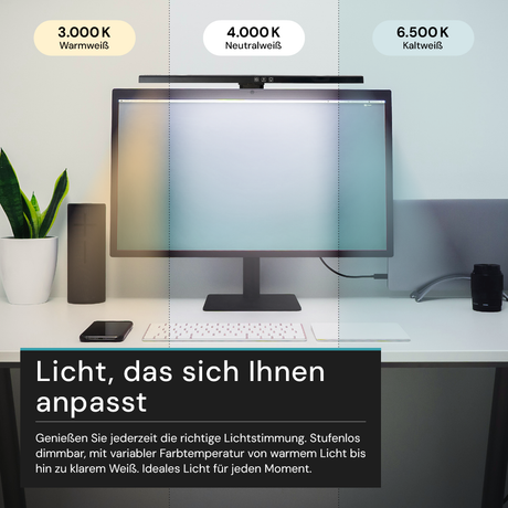Monitor Lampe in Schwarz, Touch Control, 50 cm, 5 W Leistung, Lichtfarbe und Helligkeit einstellbar, Bildschirmlampe.