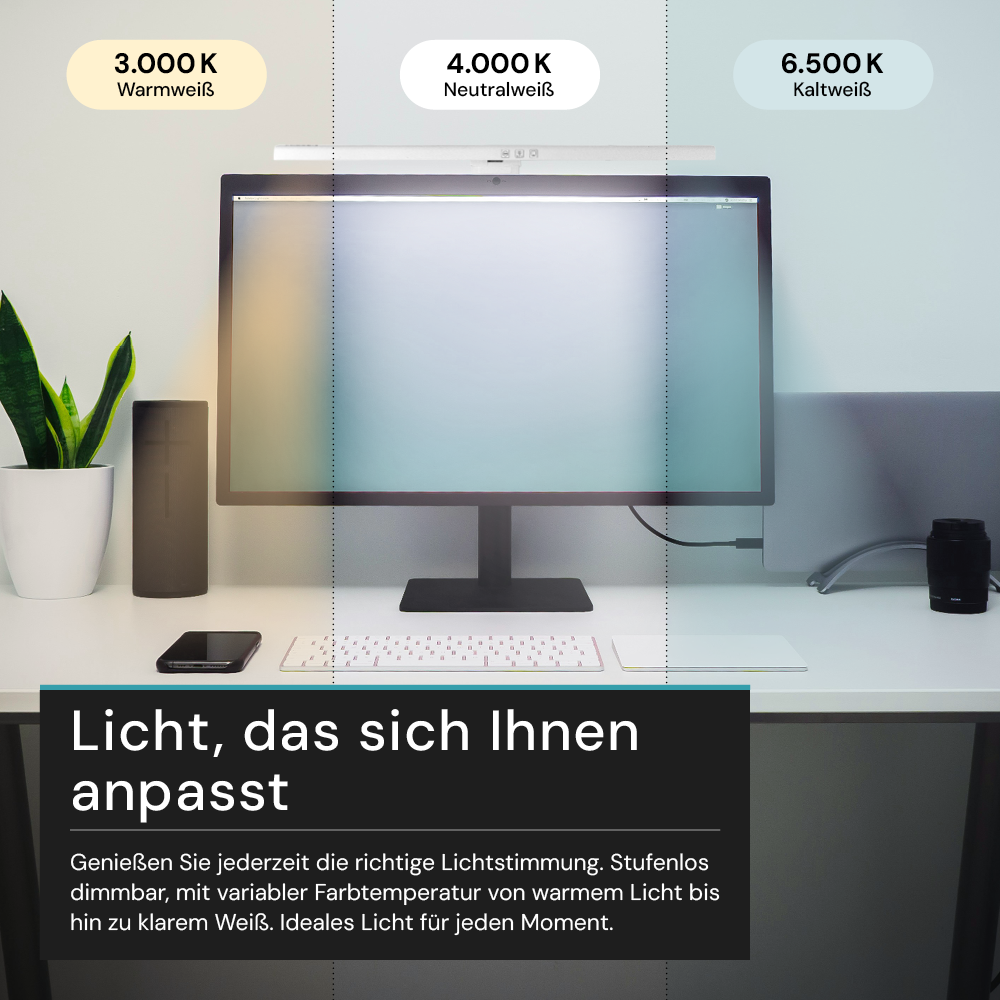 Monitor Lampe in Weiß, Touch Control, 50 cm, 5 W Leistung, Lichtfarbe und Helligkeit einstellbar, Bildschirmlampe.