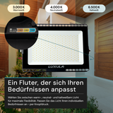 LED CCT Fluter, 150 W, 3000-6500 K (warm-, neutral-, kaltweiß), 15000 lm, schwarz, IP65.