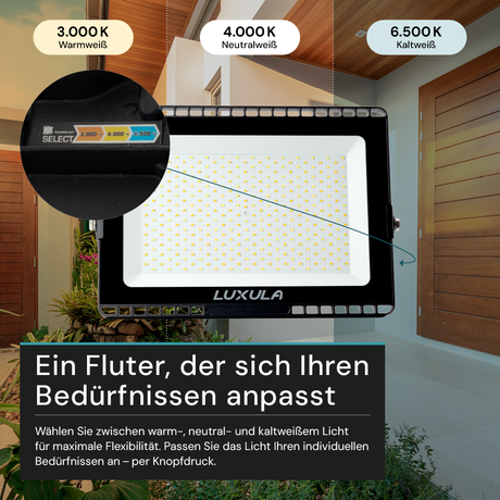 LED CCT Fluter, 150 W, 3000-6500 K (warm-, neutral-, kaltweiß), 15000 lm, schwarz, IP65.