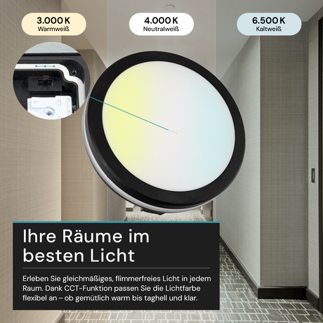 Moderne LED-Deckenlampe, schwarz/weiß, rund, 30 W, 3000 lm, Lichtfarbe einstellbar, Ø30 cm, IP65-wassergeschützt, Schnellverbinder, Innen- und Außenlampe