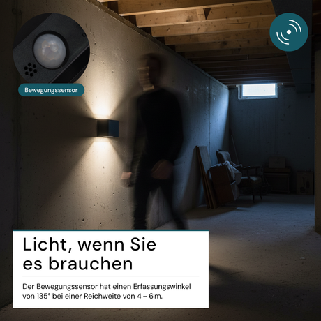 LED Akku Wandleuchte mit Bewegungssensor, Up- & Downlight, Lichtfarbe und Helligkeit einstellbar, mit Fernbedienung, schwarz, wiederaufladbar, Innenbereich