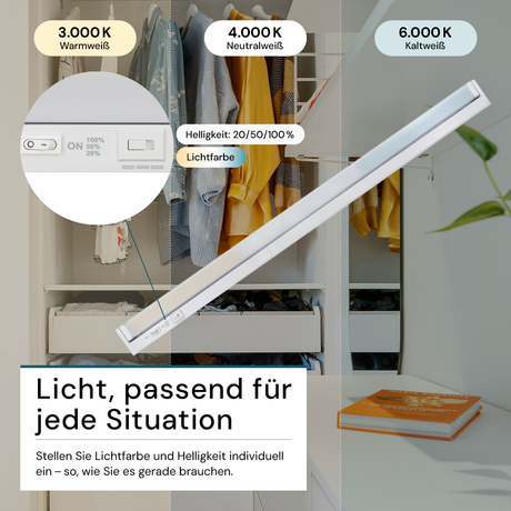LED-Unterbauleuchte, schwenkbar, mit Schalter, 115 cm, 16 W, 1600 lm, einstellbare Lichtfarbe, dimmbar, erweiterbar, Küchen- und Schrankbeleuchtung