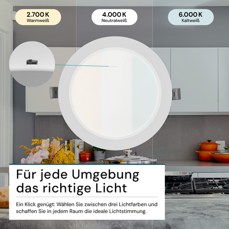 LED Einbauleuchte in Weiß, 12 W, 230 V, IP44-geschützt, 1200 lm, Lichtfarbe einstellbar, Ø173x26 mm, Einbaustrahler mit Diffusor, Badezimmer Deckenleuchte