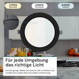 LED Einbauleuchte in Schwarz, 18 W, 230 V, IP44-geschützt, 1800 lm, Lichtfarbe einstellbar, Ø221x27 mm, Einbaustrahler mit Diffusor, Badezimmer Deckenleuchte