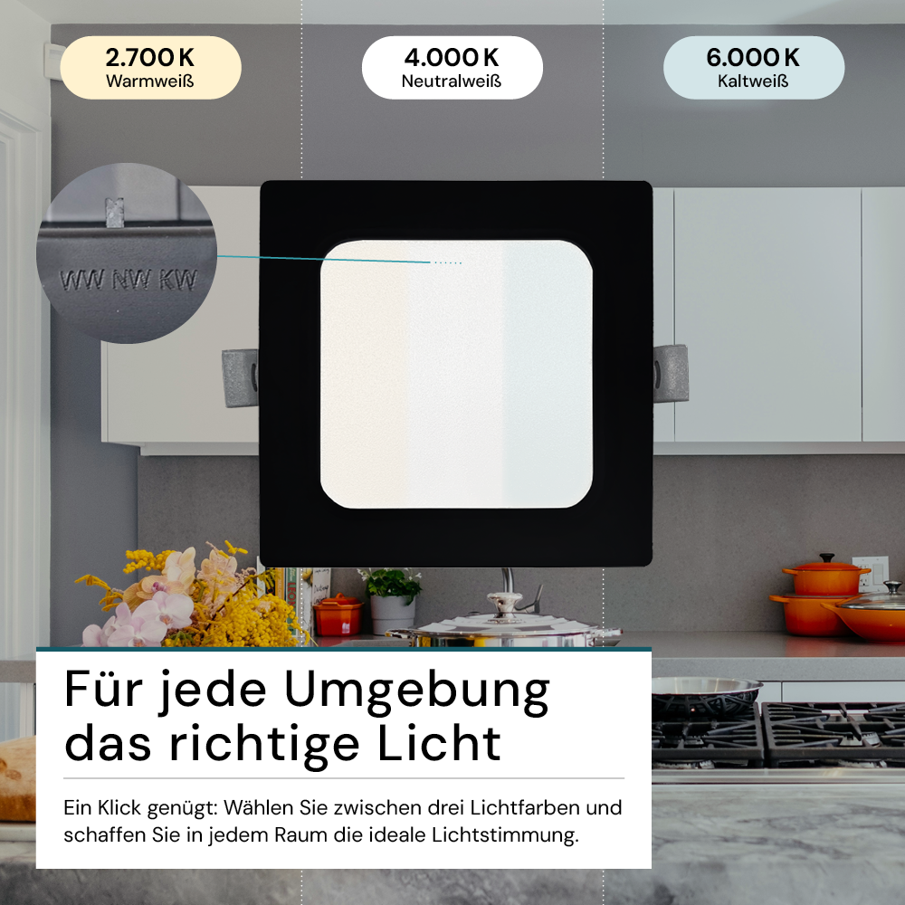 LED Einbauleuchte in Schwarz, 6 W, 230 V, IP44-geschützt, 600 lm, Lichtfarbe einstellbar, 119x26 mm, Einbaustrahler mit Diffusor, Badezimmer Deckenleuchte