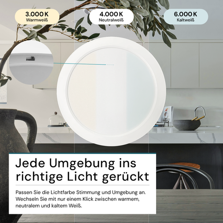 LED Aufbauleuchte in Weiß, 18 W, 230 V, IP44-geschützt, 1800 lm, Lichtfarbe einstellbar, Ø224x35 mm, Deckenleuchte mit Diffusor, Badezimmerlampe
