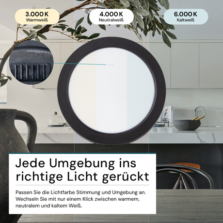LED Aufbauleuchte in Schwarz, 6W, 230 V, IP44-geschützt, 600 lm, Lichtfarbe einstellbar, Ø109x28 mm, Deckenleuchte mit Diffusor, Badezimmerlampe