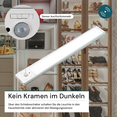 LED Schrankbeleuchtung mit Bewegungsmelder, Silberton, 30 cm, dimmbar, einstellbare Lichtfarbe, USB-aufladbar, einfache Befestigung, Unterbauleuchte