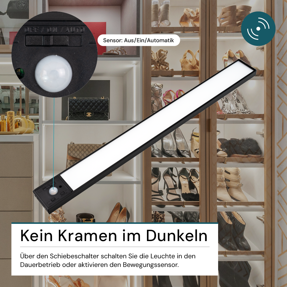 LED Schrankbeleuchtung mit Bewegungsmelder, schwarz, 60 cm, dimmbar, einstellbare Lichtfarbe, USB-aufladbar, einfache Befestigung, Unterbauleuchte