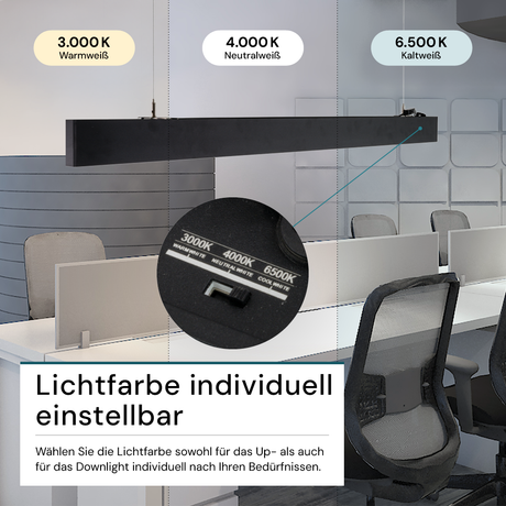 6er-Pack LED Büro-/Tresenleuchte Up&Down, schwarz, 120 cm, 30 W, 3600 lm, UGR<19, 3000-6500 K (CCT), LIFUD Netzteil, erweiterbar, Aluminium.