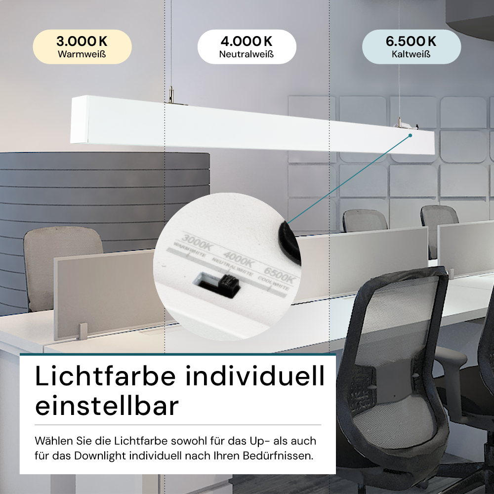 LED Büro-/Tresenleuchte Up&Down, weiß, 120 cm, 30 W, 3600 lm, UGR<19, 3000-6500 K (CCT), LIFUD Netzteil, erweiterbar, Aluminium.