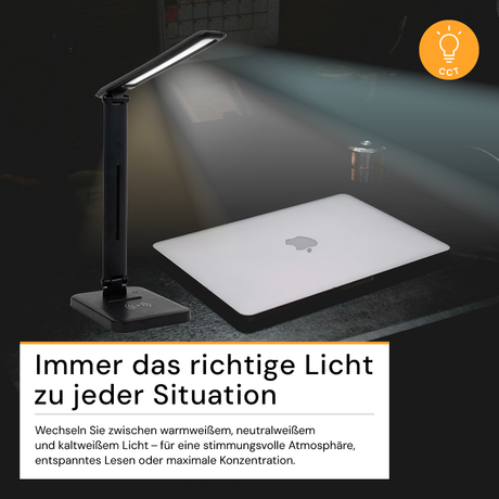 LED-Tischleuchte mit induktiver Ladestation, schwarz, inklusive Dimm- und CCT-Funktion, 5 W Leistung, 160x320 mm.