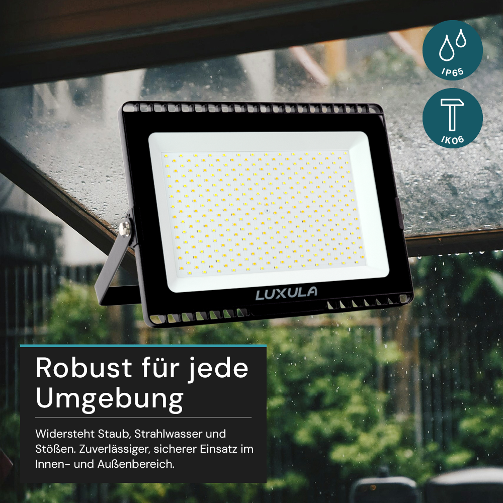 LED CCT Fluter, 150 W, 3000-6500 K (warm-, neutral-, kaltweiß), 15000 lm, schwarz, IP65.