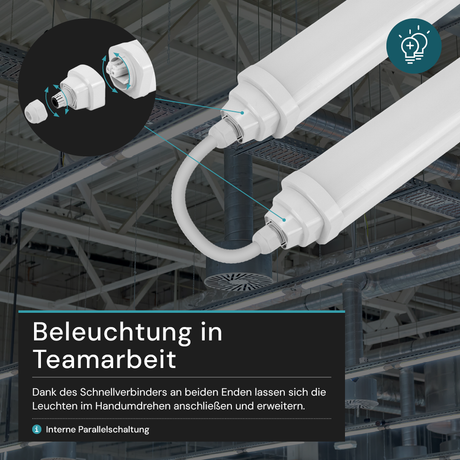 LED Feuchtraumleuchte, 60 cm, 18 W, 2160 lm, 4000 K (neutralweiß), IP65, IK06, durchschleifbar, mit Quick Connector.