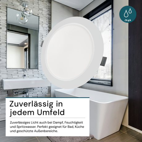 LED Einbauleuchte in Weiß, 12 W, 230 V, IP44-geschützt, 1200 lm, Lichtfarbe einstellbar, Ø173x26 mm, Einbaustrahler mit Diffusor, Badezimmer Deckenleuchte