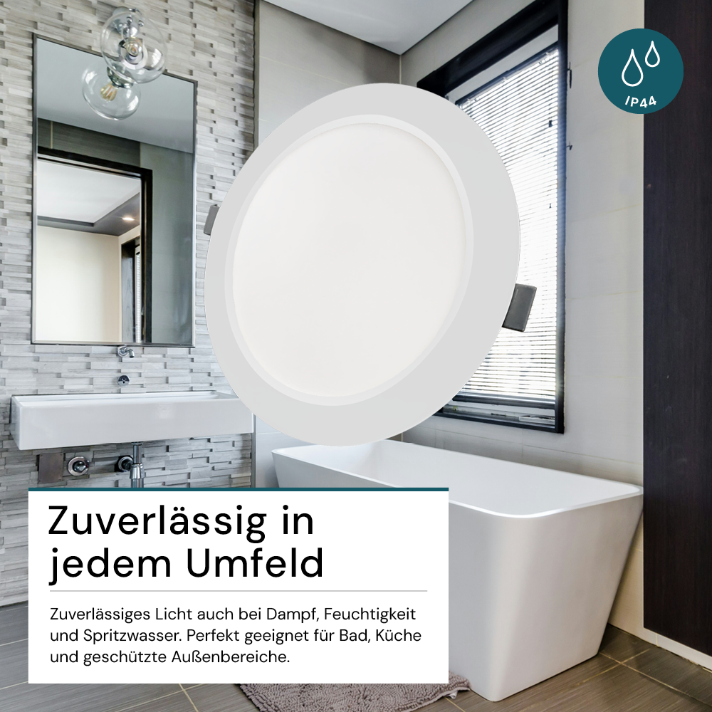 LED Einbauleuchte in Weiß, 24 W, 230 V, IP44-geschützt, 2400 lm, Lichtfarbe einstellbar, Ø295x28 mm, Einbaustrahler mit Diffusor, Badezimmer Deckenleuchte