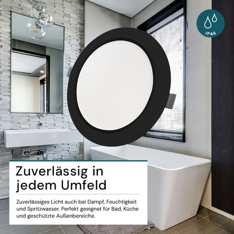 LED Einbauleuchte in Schwarz, 12 W, 230 V, IP44-geschützt, 1200 lm, Lichtfarbe einstellbar, Ø173x26 mm, Einbaustrahler mit Diffusor, Badezimmer Deckenleuchte