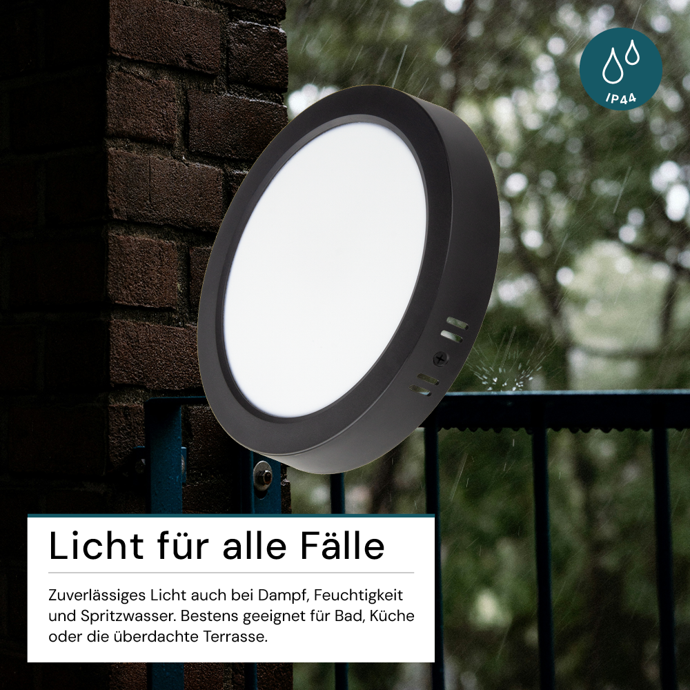 LED Aufbauleuchte in Schwarz, 24 W, 230 V, IP44-geschützt, 2400 lm, Lichtfarbe einstellbar, Ø229x34 mm, Deckenleuchte mit Diffusor, Badezimmerlampe