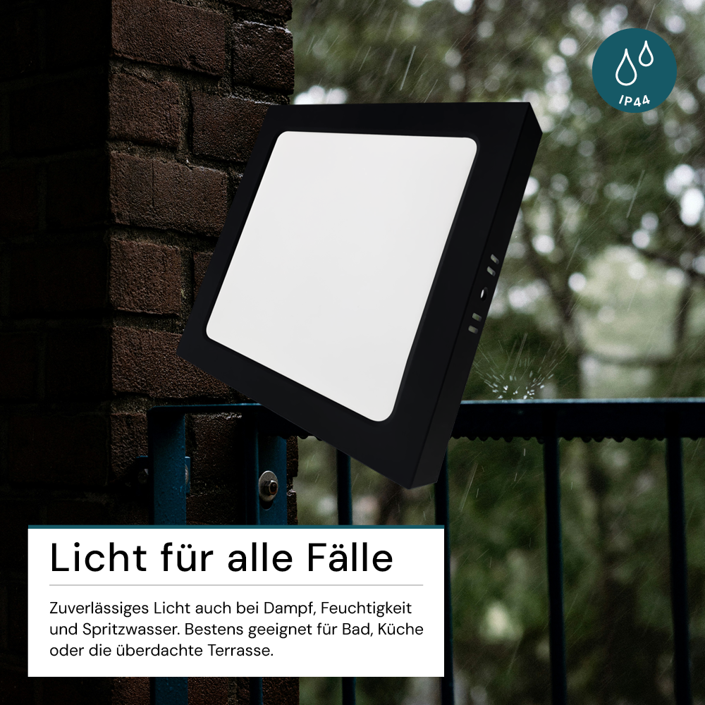 LED Aufbauleuchte in Schwarz, 18 W, 230 V, IP44-geschützt, 1800 lm, Lichtfarbe einstellbar, 227x35 mm, Deckenleuchte mit Diffusor, Badezimmerlampe