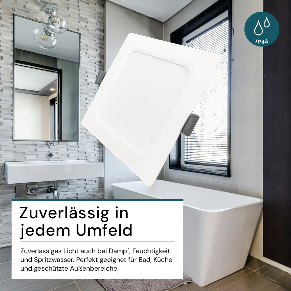 LED Einbauleuchte in Weiß, 18 W, 230 V, IP44-geschützt, 1800 lm, Lichtfarbe einstellbar, 220x26 mm, Einbaustrahler mit Diffusor, Badezimmer Deckenleuchte
