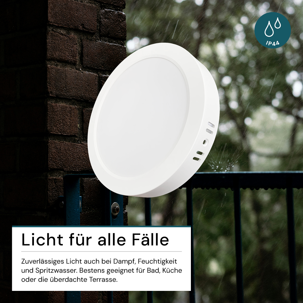 LED Aufbauleuchte in Weiß, 6W, 230 V, IP44-geschützt, 600 lm, Lichtfarbe einstellbar, Ø109x28 mm, Deckenleuchte mit Diffusor, Badezimmerlampe
