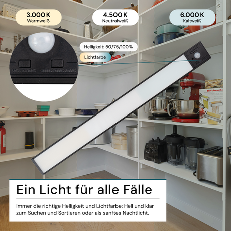 LED Schrankbeleuchtung mit Bewegungsmelder, schwarz, 40 cm, dimmbar, einstellbare Lichtfarbe, USB-aufladbar, einfache Befestigung, Unterbauleuchte