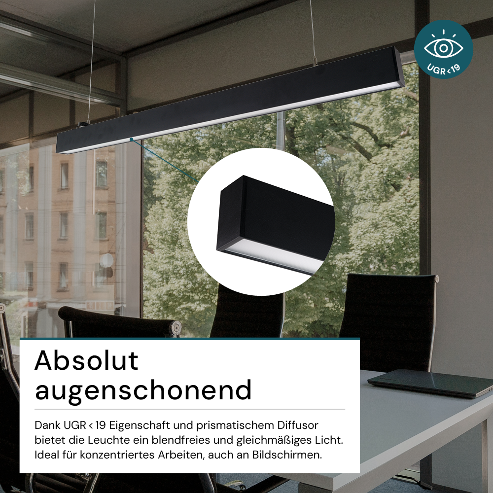 3er-Pack LED Büro-/Tresenleuchte Up&Down, schwarz, 120 cm, 30 W, 3600 lm, UGR<19, 3000-6500 K (CCT), LIFUD Netzteil, erweiterbar, Aluminium.