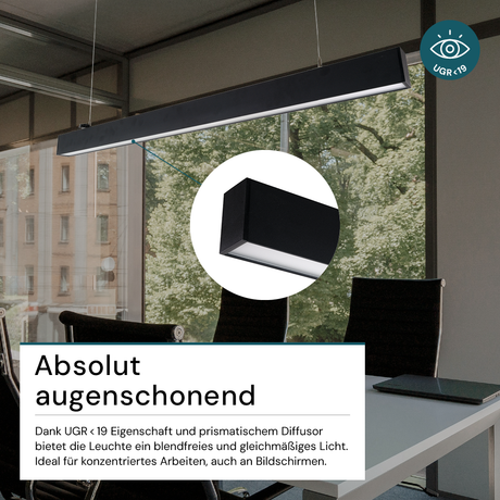 3er-Pack LED Büro-/Tresenleuchte Up&Down, schwarz, 120 cm, 30 W, 3600 lm, UGR<19, 3000-6500 K (CCT), LIFUD Netzteil, erweiterbar, Aluminium.
