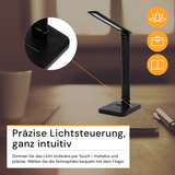 LED-Tischleuchte mit induktiver Ladestation, schwarz, inklusive Dimm- und CCT-Funktion, 5 W Leistung, 160x320 mm.
