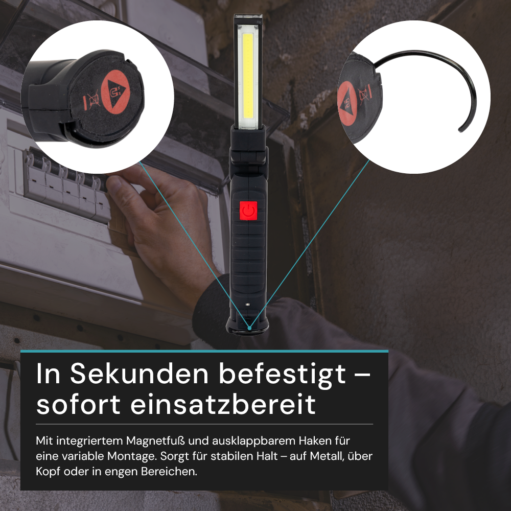 LED-Arbeitsleuchte mit Akku, 5 Lichtmodi, 14 cm, mit Magnet und Haken, USB-aufladbar, drehbare Taschenlampe, Inspektionsleuchte.