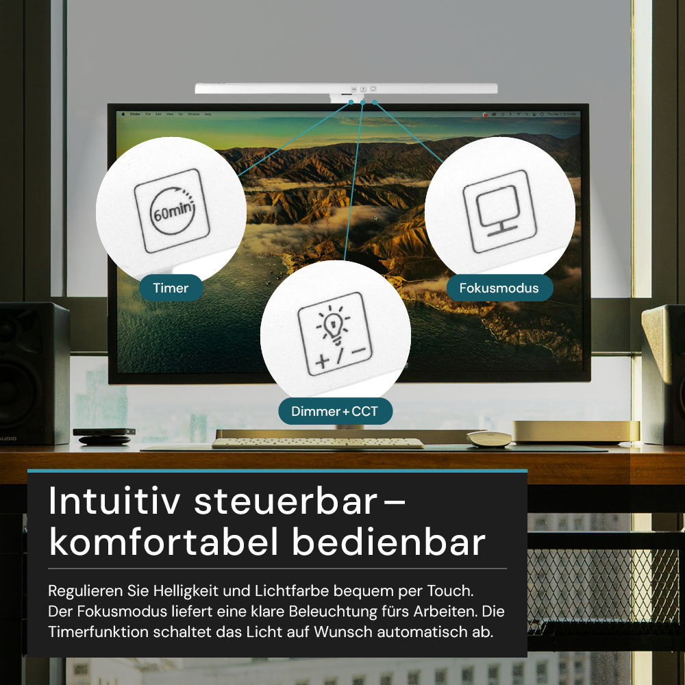Monitor Lampe in Weiß, Touch Control, 50 cm, 5 W Leistung, Lichtfarbe und Helligkeit einstellbar, Bildschirmlampe.