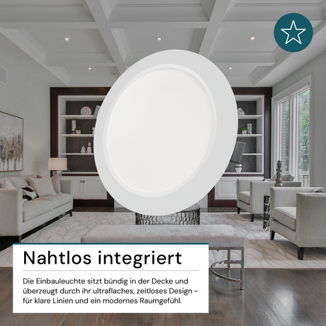 LED Einbauleuchte in Weiß, 12 W, 230 V, IP44-geschützt, 1200 lm, Lichtfarbe einstellbar, Ø173x26 mm, Einbaustrahler mit Diffusor, Badezimmer Deckenleuchte