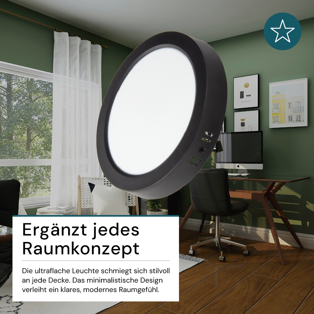 LED Aufbauleuchte in Schwarz, 12 W, 230 V, IP44-geschützt, 1200 lm, Lichtfarbe einstellbar, Ø170x34 mm, Deckenleuchte mit Diffusor, Badezimmerlampe