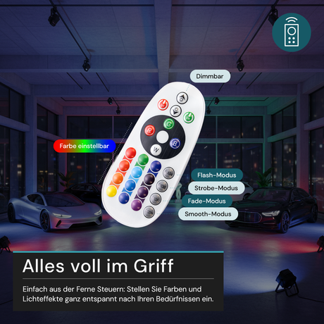 RGB LED-Fluter, 30 W, schwarz, IP65, mit Fernbedienung, RGBW-Farbwechsel