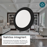 LED Einbauleuchte in Schwarz, 18 W, 230 V, IP44-geschützt, 1800 lm, Lichtfarbe einstellbar, Ø221x27 mm, Einbaustrahler mit Diffusor, Badezimmer Deckenleuchte