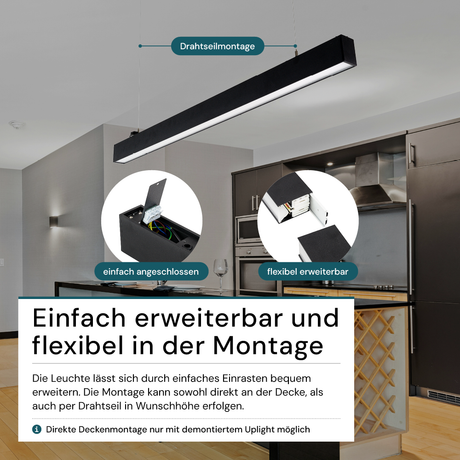 6er-Pack LED Büro-/Tresenleuchte Up&Down, schwarz, 120 cm, 30 W, 3600 lm, UGR<19, 3000-6500 K (CCT), LIFUD Netzteil, erweiterbar, Aluminium.