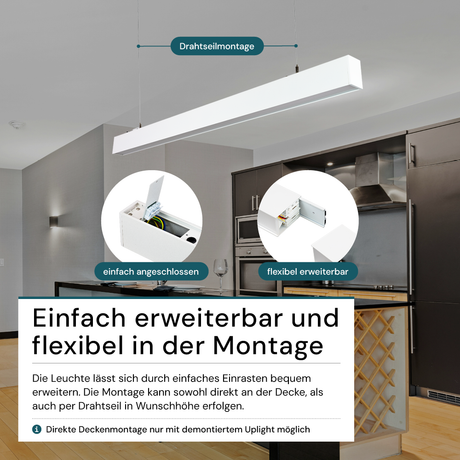LED Büro-/Tresenleuchte Up&Down, weiß, 120 cm, 30 W, 3600 lm, UGR<19, 3000-6500 K (CCT), LIFUD Netzteil, erweiterbar, Aluminium.