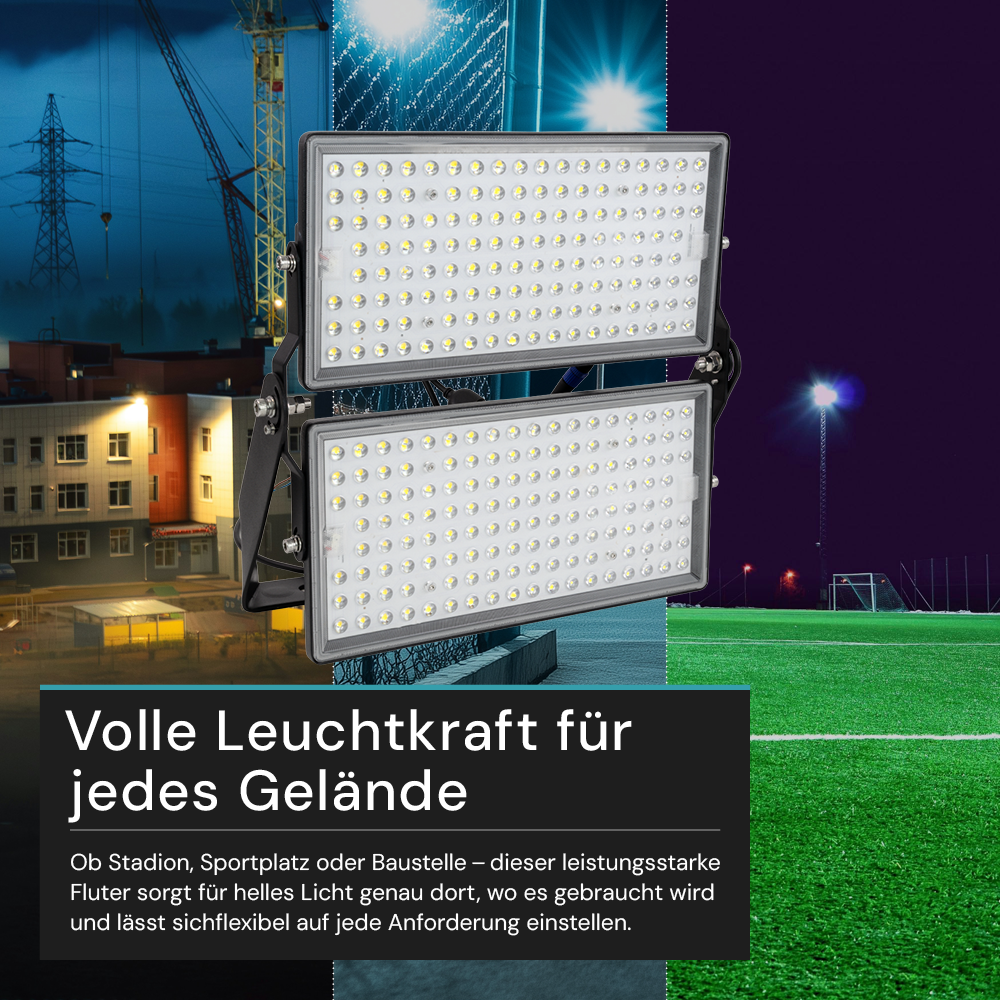 Stadion Fluter, 500 W, 5000 K (neutralweiß), 70000 lm, IP65, MOSO Treiber, hohe Energieeffizienz, Großflächenstrahler