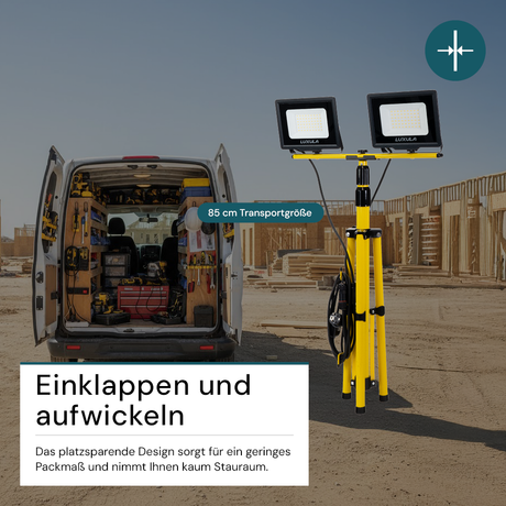 LED Baustrahler mit Stativ, 2x 50 W, 4000 K (neutralweiß), 10000 lm, IP65, Schutzkontaktstecker, Ein/Aus-Schalter