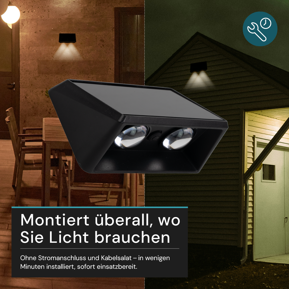 Solar LED Wandleuchte Außen, 2-flammig, 3 Lichtfarben einstellbar (CCT), IP54-wasserdicht, mit Akku, lange Leuchtdauer, Gartenleuchte