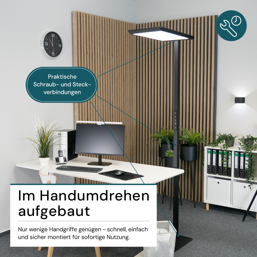 LED Büro-Stehleuchte, Up/Down, in Schwarz, 100 W, 7000 lm, 4000 K (neutralweiß), UGR<16, CRI98, dimmbar, RG0, Bridgelux LED, Arbeitsplatzleuchte