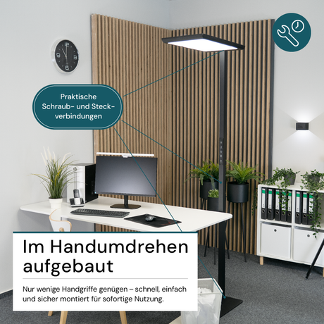 LED Büro-Stehleuchte, Up/Down, in Schwarz, 100 W, 7000 lm, 4000 K (neutralweiß), UGR<16, CRI98, dimmbar, RG0, Bridgelux LED, Arbeitsplatzleuchte