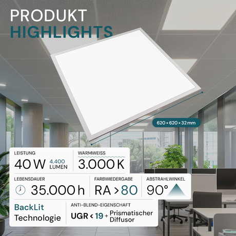 2er Pack LED BackLit Panel UGR<19, 62x62, 40W, 4400 lm, 3000K, 90°