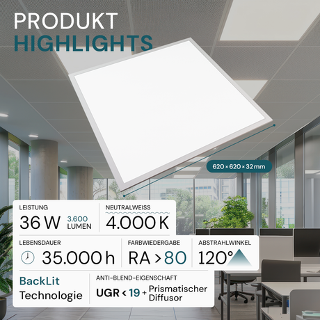 2er LED BackLit Panel UGR<19, 62x62 cm, 36W, 3600lm, 4000K